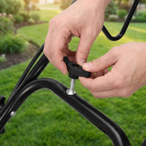 Top Notch 4 Pack Lawn Mower Handle Bolts Kit With Sweet T-Handle Screw Knobs For Quick Adjustment On Trimmers And Snow Blowers Plus Steel Build Ensures Rock Solid Grip And Smooth Operation All Around. black T-handle bolt on mower handle for quick adjustment