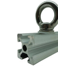 Close-up of Heavy Duty 200mm T Slot Aluminum Profile For DIY Builds 1 Piece 20x20mm Silver Extrusion with attached eye bolt