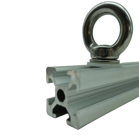 Close-up of Heavy Duty 200mm T Slot Aluminum Profile For DIY Builds 1 Piece 20x20mm Silver Extrusion with attached eye bolt