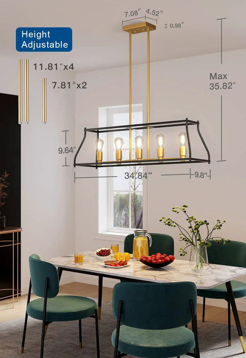 Industrial 5-Light Linear Pendant Light For Kitchen Island And Farmhouse Dining Room, Black Metal Fixture Over Table