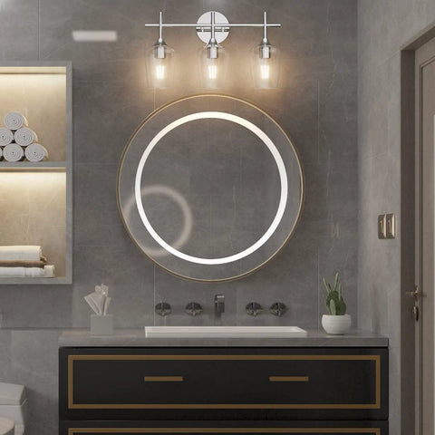 Dope Vintage 3 Light Vanity Fixture With Industrial Chrome Finish over mirror, bathroom lighting with clear glass shades wall mount.