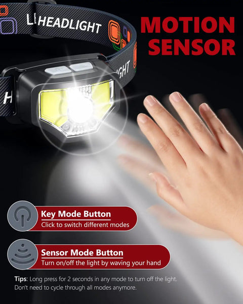 Rechargeable 2 Pack Headlamp With Beast Bright 1200 Lumen LED, Motion Sensor showing hand activating sensor mode