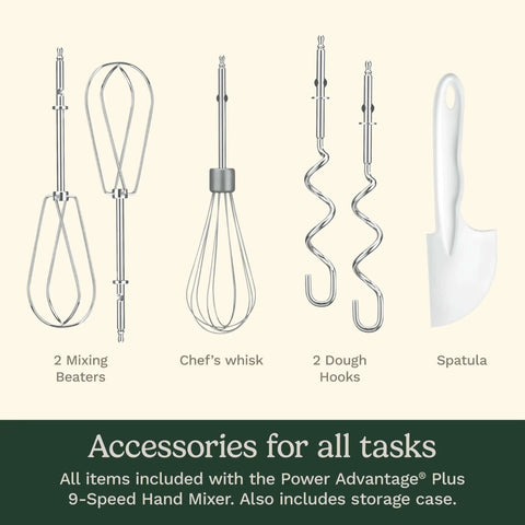 Heavy Duty Electric Hand Mixer With Nine Speed Options And A Mighty 220 Watt Motor That Glides Using Smooth Start Mode Plus Extra Long Stainless Beaters and accessories including mixing beaters, whisk, dough hooks, and spatula.