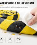 Self Adhesive L Shaped Foam Corner Protector with waterproof and oil-resistant surface in yellow and black, being wiped clean.