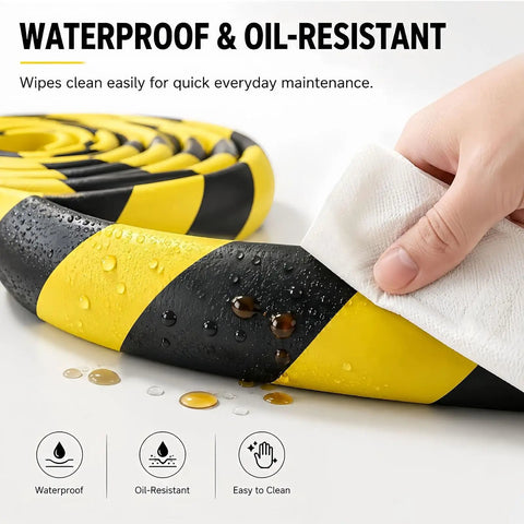 Self Adhesive L Shaped Foam Corner Protector with waterproof and oil-resistant surface in yellow and black, being wiped clean.