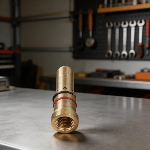 Copper Gas Diffuser Nozzles For MIG Welding Guns 4335 Style on workbench in industrial setting