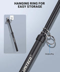 LUMITECO pencil-style tire pressure gauge, side view, black with logo, hanging ring, extended tube for trucks and cars