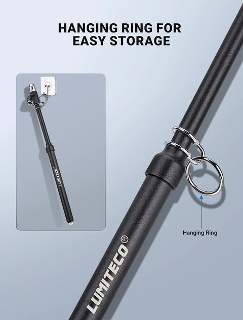 LUMITECO pencil-style tire pressure gauge, side view, black with logo, hanging ring, extended tube for trucks and cars