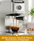 Compact Stainless Steel Espresso Machine With 20 Bar Pump And Pro Steam Wand brewing espresso into a cup.