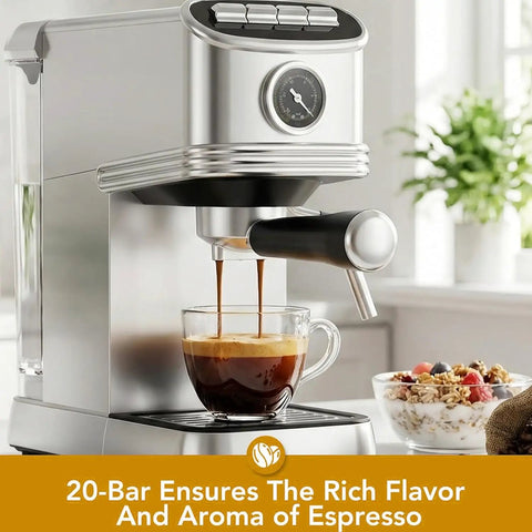 Compact Stainless Steel Espresso Machine With 20 Bar Pump And Pro Steam Wand brewing espresso into a cup.