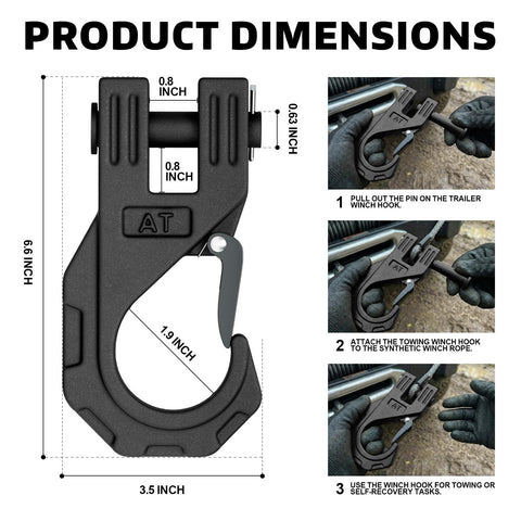Three Eighths Inch Winch Hook Heavy Duty Forged Steel With Safety Latch Beefy 20 Ton Break Strength Dimensions and Instructions