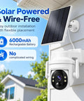Wireless Outdoor Solar Security Camera 3MP HD with 355 View Angle mounted on a wall with a solar panel.