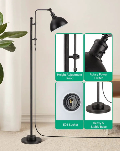 Industrial Floor Lamp With Adjustable Height And Rotating Head, Rustic Aged Black Farmhouse Metal Floor Lamp, 65 Inch Tall