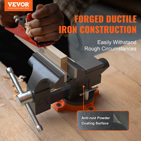 Built Tough Cast Iron Vise With Anvil 4.5 Inch Jaw Width And 3.3 Inch Opening 240 Degree Swivel Locking Base in use on workbench