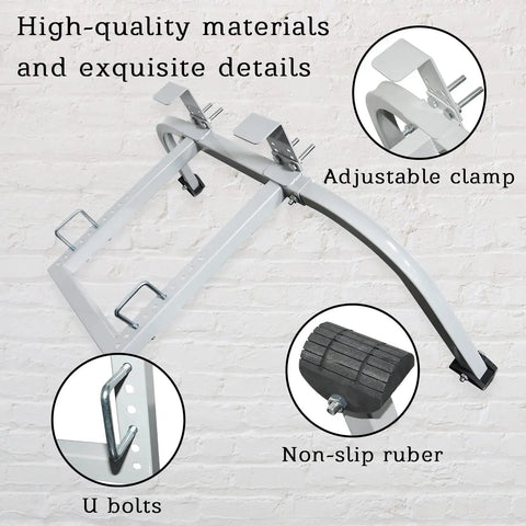 Heavy-Duty Ladder Stabilizer With Wing Span Wall Standoff For Extension Ladders, showing U-bolts and non-slip rubber pads.
