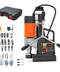 Heavy Duty Magnetic Drill Press With 1850W Power showing drill unit, accessories, and case for fabrication shops