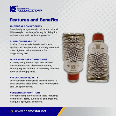Side view of Sturdy Steel Air Coupler One Fourth Inch Flow Size NPT Male Thread Quick Connect With Pre Applied Sealant