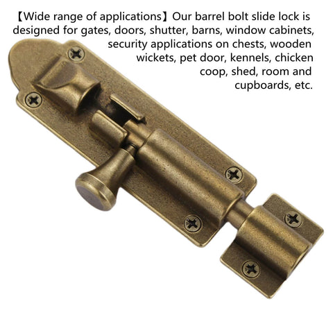 Beefy Barrel Bolt Latch For Barn Doors, 5 Inch Solid Copper Door Lock With Anti Rust Marine Grade Build, Heavy Duty Sliding Security Bolt In Antique Brass Or Oil Rubbed Bronze Finish, shown from the front