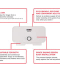 Front view of 3500 Watt 120 Volt Point Of Use Tankless Electric Water Heater for a single sink with product features highlighted.
