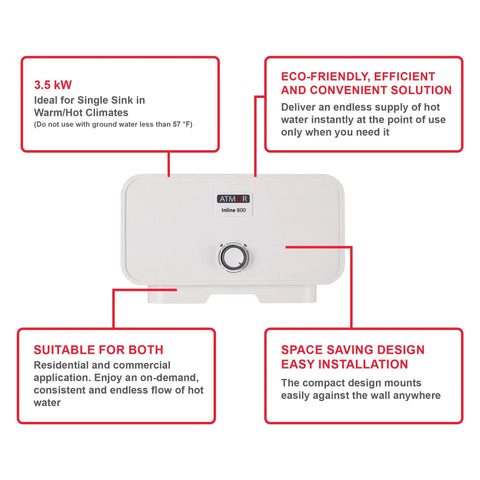 Front view of 3500 Watt 120 Volt Point Of Use Tankless Electric Water Heater for a single sink with product features highlighted.