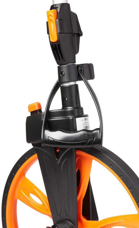 Road Runner Measuring Wheel With Brake For Contractors, Metric Readout, Center Line Handle, Top Mounted Counter, Dual Reset Buttons, Fail Safe Locking Hinge, 9,999 Meter Capacity, Built For On Site Accuracy And Real World Pro Grade Use, black and orange