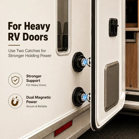 RV Magnetic Door Catch With Adhesive And Screw Mounting shown on heavy camper door for stronger holding power and wind resistance.