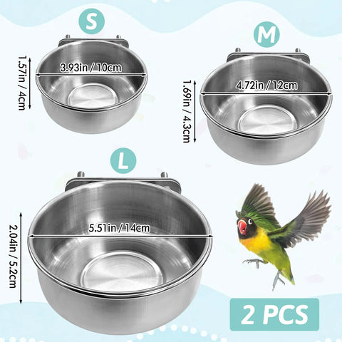 Stainless steel bird bowls with clamp holder for parrots, 2 pcs, M size (cockatiel to African Grey).