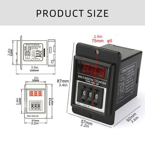 Rugged ABS Digital Counter Workhorse For Industrial Use with dimensions and clear double digits display shown