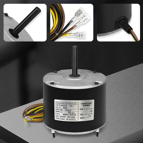 Condenser Fan Motor Replacement One Fifth HP 1100 RPM 208V 230V With 6uF Capacitor Included Easy Install Plug And Play close-up details