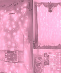 Pink Curtain Lights With 8 Modes LED String Lights For Bedroom Decor Window And Wall Party Vibe, installed in bedroom.