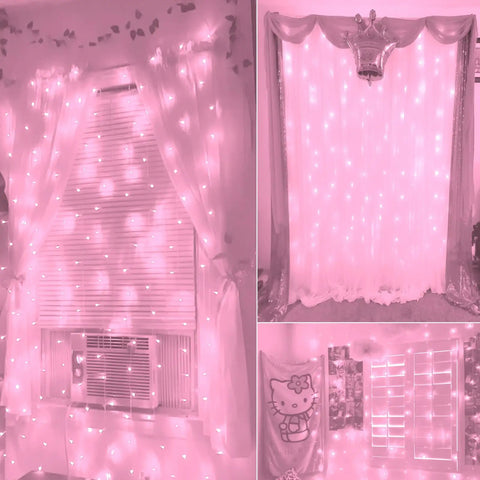 Pink Curtain Lights With 8 Modes LED String Lights For Bedroom Decor Window And Wall Party Vibe, installed in bedroom.