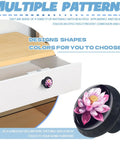 Crystal Glass Cabinet Knob With Lotus Flower Design And Mushroom Drawer Pulls on open white dresser