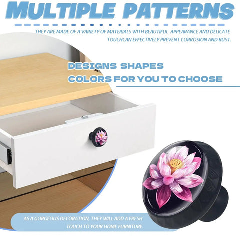 Crystal Glass Cabinet Knob With Lotus Flower Design And Mushroom Drawer Pulls on open white dresser