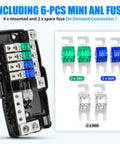 12V Fused Power Distribution Block For Car Stereo, 4-Way MIDI Fuse Block With Ground, includes 6 mini ANL fuses