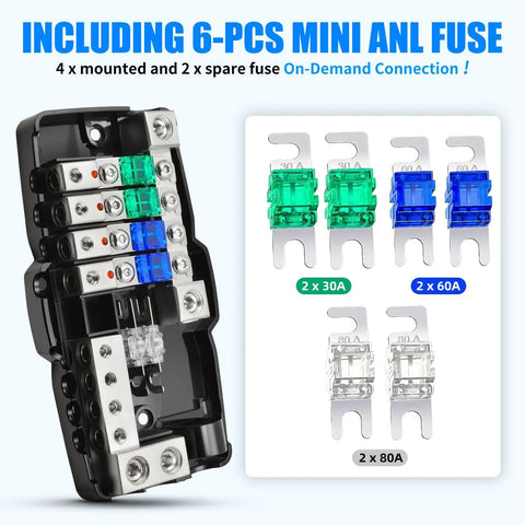 12V Fused Power Distribution Block For Car Stereo, 4-Way MIDI Fuse Block With Ground, includes 6 mini ANL fuses