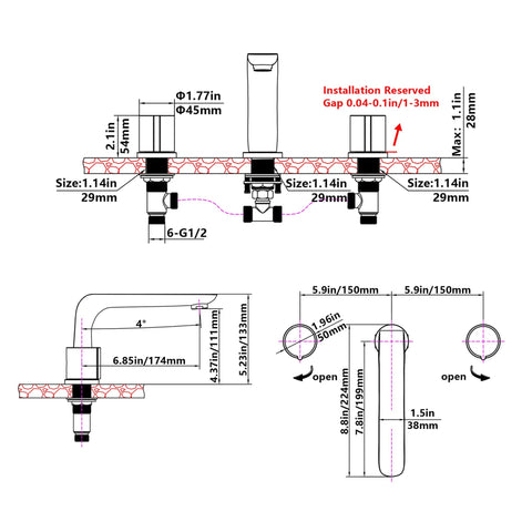 Diagram of Three Piece Widespread Bathroom Faucet With 3 Holes Deck Mount Matte Black Finish, 360 Degree Swivel Spout