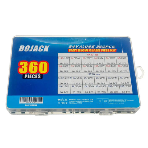 Fast Blow Glass Fuse Assortment Kit 360 Pieces 5x20mm And 6x30mm 250V 0.25A To 20A Includes 12 Amp Types Clear Box