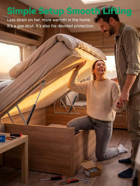 Heavy Duty Gas Struts For Trunk Hatches And Heavy Doors With Easy Mount Brackets Two Pack, couple assembling a storage bed with a gas strut.