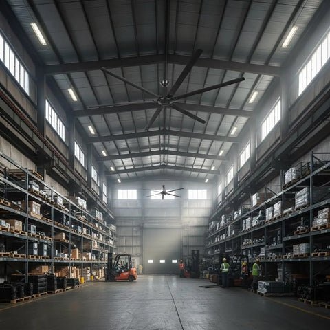 Massive 120 Inch Industrial Black Ceiling Fan With No Lights Ultra High Airflow 36000 CFM in large warehouse space