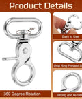 Six-piece set of silver 25mm swivel snap hooks with lobster claw clasps, zinc alloy.