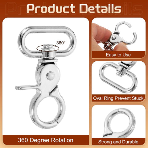 Six-piece set of silver 25mm swivel snap hooks with lobster claw clasps, zinc alloy.