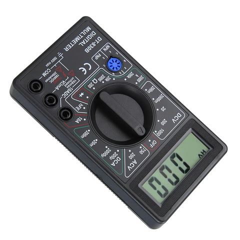 DT-830B Digital Multimeter With Large LCD Display showing 0.00 on screen, angled view of dial and ports, portable design