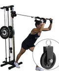 Woman using Three Pack 3.54 Inch 90 mm Pulley System Cable Pulley with Silent Bearing for exercise, close-up of pulley wheel inset.