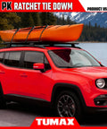 Heavy Duty 8 Pack Ratchet Tie Down Straps 1 Inch by 10 Feet securing an orange kayak on a red SUV roof during transportation.