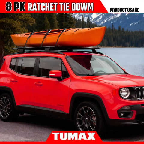 Heavy Duty 8 Pack Ratchet Tie Down Straps 1 Inch by 10 Feet securing an orange kayak on a red SUV roof during transportation.