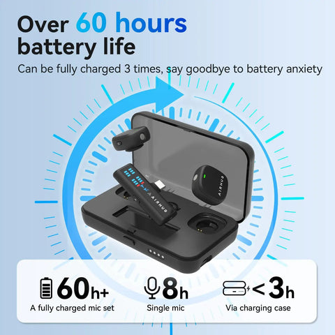 Wireless Lavalier Microphone for iPhone Android and PC With 60-Hour Battery shown with open charging case and mics