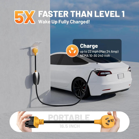 Slick Plug And Play Nema 10-30 Adapter For Tesla Gen 2 Mobile Charger, 24 Amp 240V Juice, connected to 3 prong dryer outlet.
