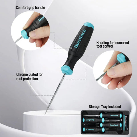 4-Piece Hook and Pick Set With Offset, Straight, And 90 Degree Picks - ergonomic grip, chrome-plated, with storage tray