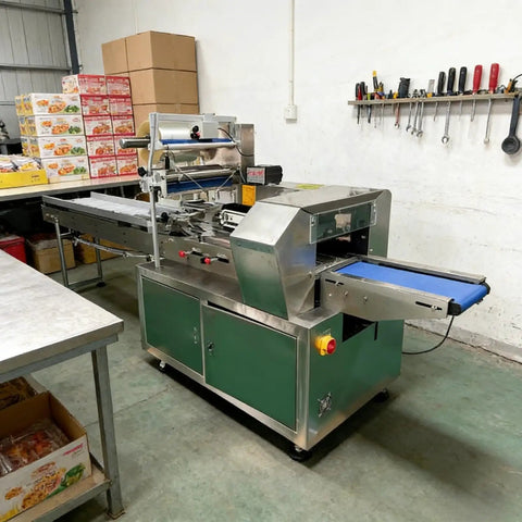 Smooth Operator Compact Horizontal Flow Pack Machine Small Shrink Wrapper Rock Solid Performance 50 To 80 Wraps Per Minute in use at a food stall.