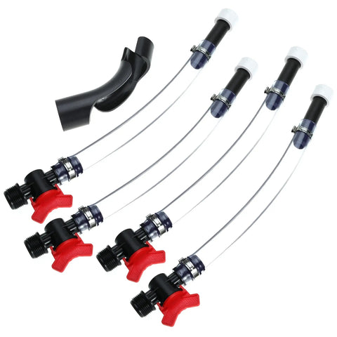 Fuel Filler Kit For Race Jugs With Ball Valve Hose Fifteen Inch Connector Fits Sportsman Jugs And Most Fuel Containers Ideal For Scribner Tanks And Motorsport Refueling On The Go, showing four hoses with ball valve connectors.